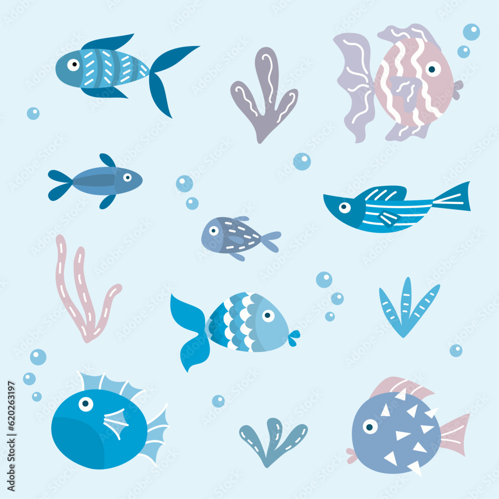 Blue cute cartoon fish and seaweed in flat style. Marine fauna and flora design element