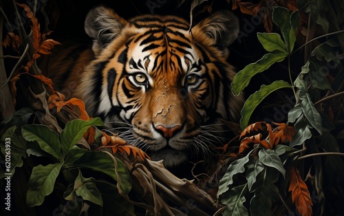A painting of a tiger in the jungle. AI