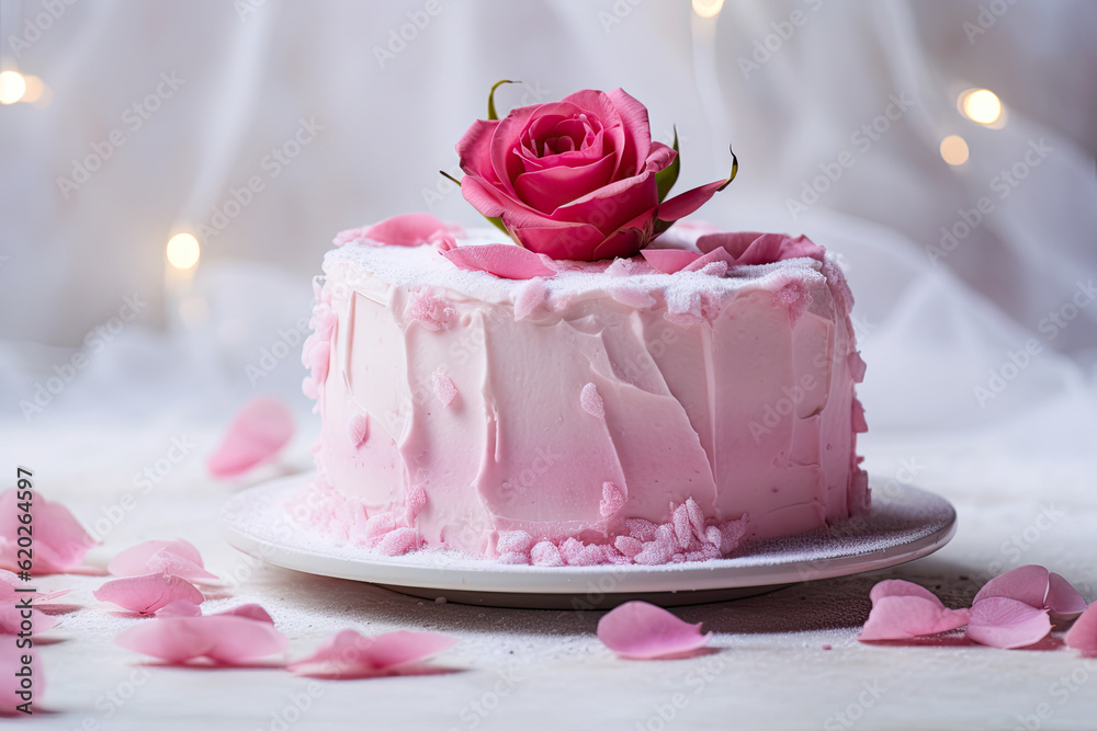 Pink Rose Velvet Cake with layers of moist pink velvet cake and cream