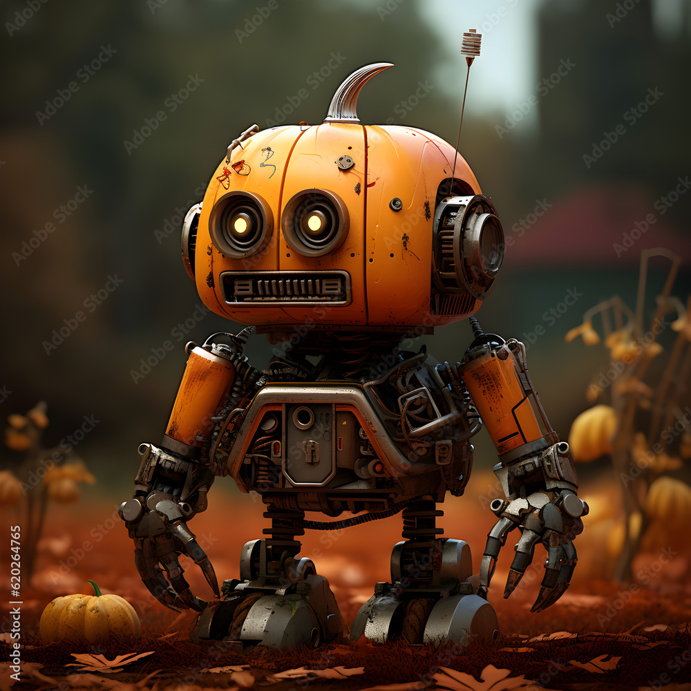 Pumpkin robot, Halloween greeting card, AI generated illustration Pumpkin robot, Halloween greeting card, AI generated illustration