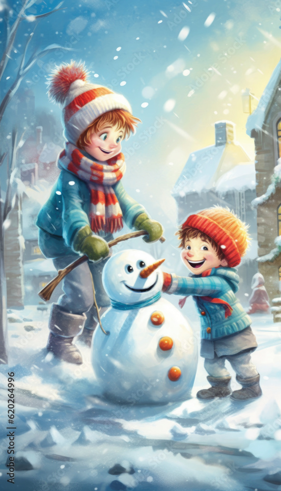 Kids building a snowman in the winter, classic Christmas illustration. Generative AI illustrations