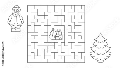 Black and white vector illustration. Children's educational game finding the right way. Christmas maze is a puzzle. Coloring book. Children s Help Santa Claus find the way to the gifts.