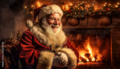 Merry Christmas and happy holidays from Santa Claus in a jolly Xmas scene. Generative AI illustrations © Polarpx