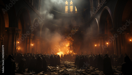 Tenebrist recreation of a big fire inside a big cathedral with people with robes. Illustration AI photo