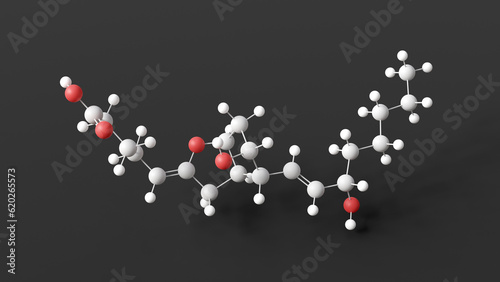 prostacyclin molecule, molecular structure, prostaglandin i2, ball and stick 3d model, structural chemical formula with colored atoms