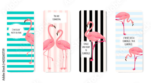 Flamingo and geometric elements bookmarks set with quotes in pastel colors, universal templates kit, modern design