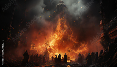 Tenebrist recreation of a big bonfire inside a big cathedral or temple with people. Illustration AI photo