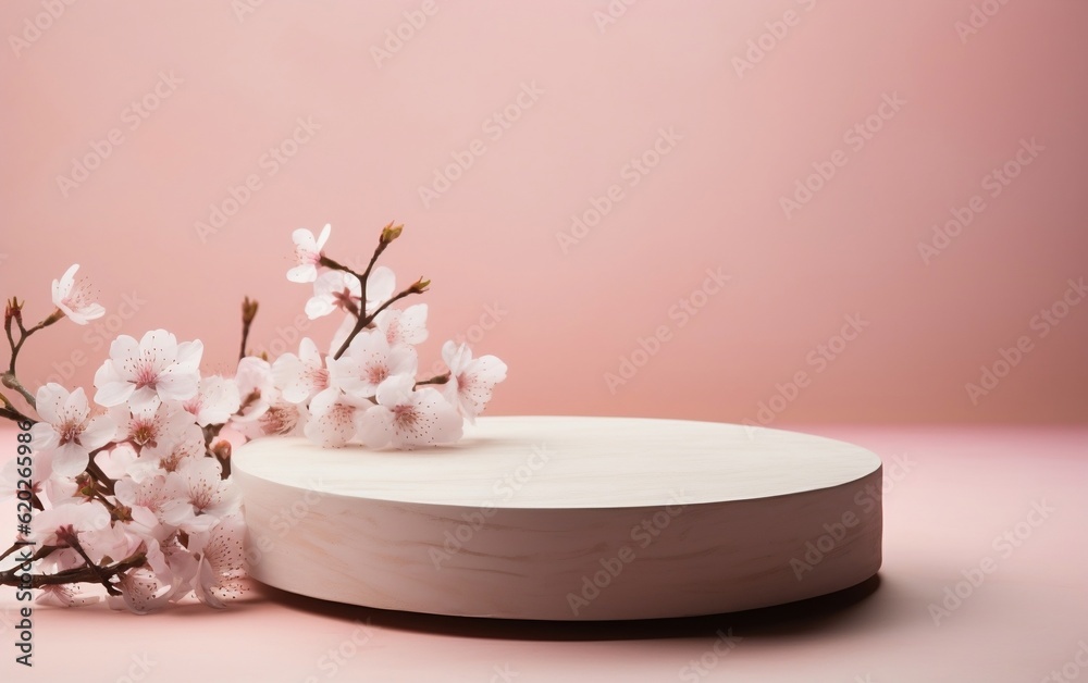 A white bowl with pink flowers on a pink background. AI