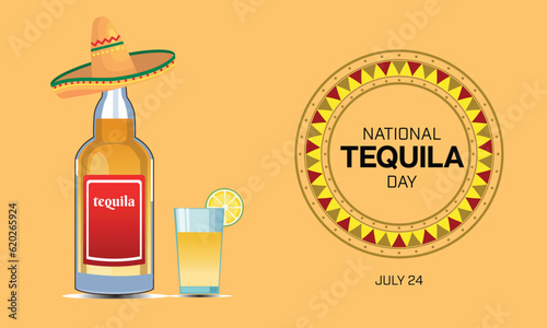 National Tequila Day design with a bottle and a glass of tequila with a Mexican sombrero hat. Vector illustration