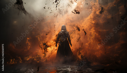 Tenebrist recreation of a big fire with a monk with robe and hood from back . Illustration AI photo