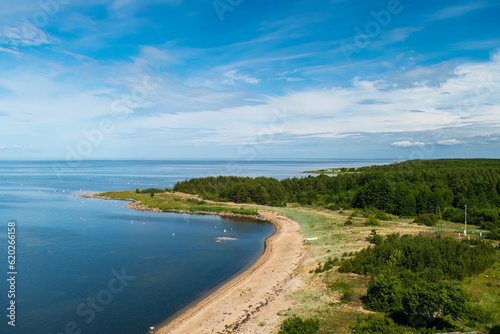 View of the sea from above. Calm sea, rocky shore. Estonia Kihnu Island.