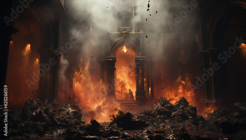Tenebrist recreation of a fire and ruins in the altar of a cathedral. Illustration AI photo