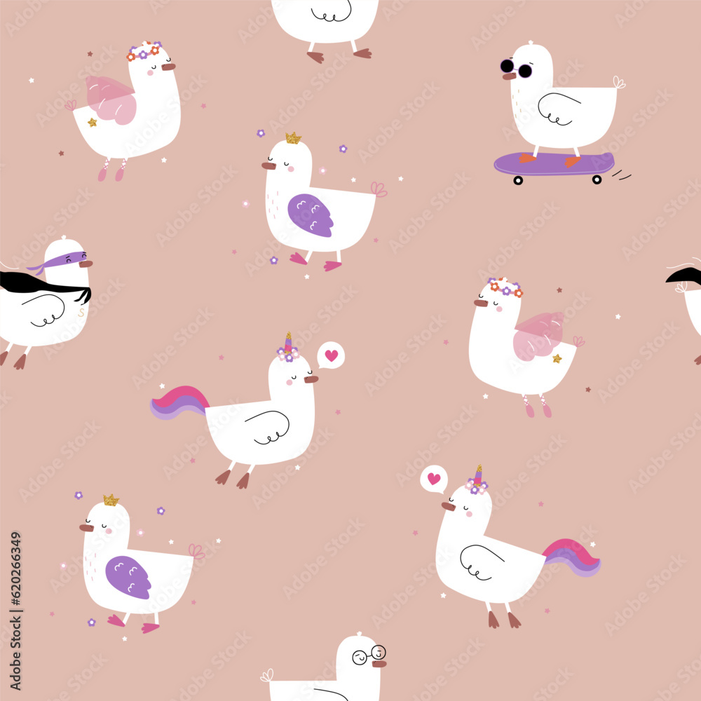 Seamless pattern with white cute ducks. Childish print. Vector hand drawn illustration.