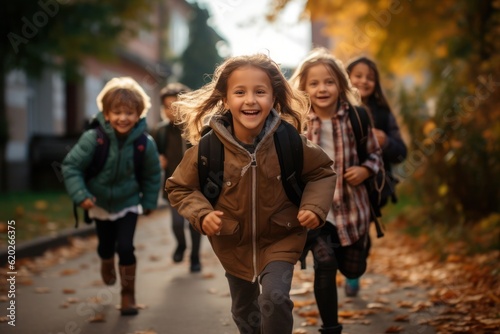 Group of friendly school kids with school backpacks on their backs going to school.