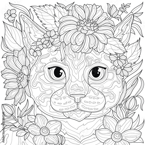 Cat and flowers.Coloring book antistress for children and adults. Illustration isolated on white background.Zen-tangle style. Hand draw