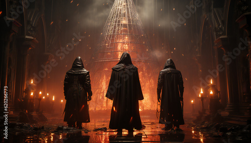 Tenebrist recreation of three monks with robes and hoods seen from back inside a bit temple in fire. Illustration AI photo