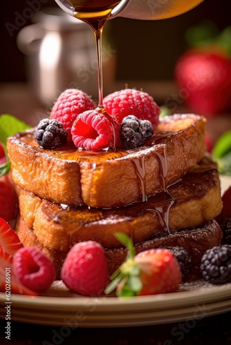 Stack of French toast with berries: raspberries, blackberries, maple syrup close-up. Generated AI