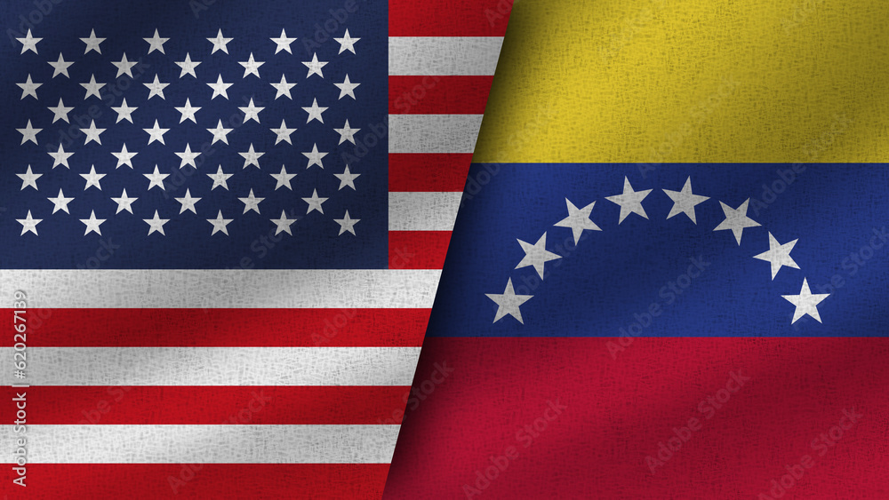 Obraz premium Venezuela and USA Realistic Two Flags Together, 3D Illustration