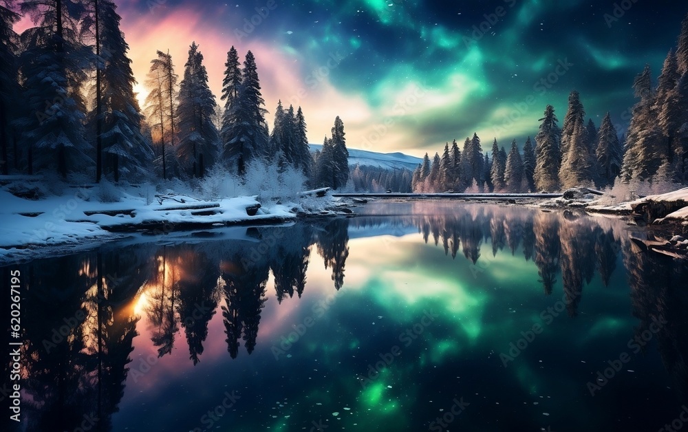A lake surrounded by snow covered trees under a colorful sky. AI