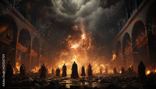 Tenebrist recreation of a big fire with clouds opening inside a big cathedral with people with robe. Illustration AI