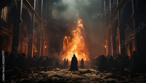 Tenebrist recreation of a big fire inside a big cathedral with monks with robes and hoods . Illustration AI photo