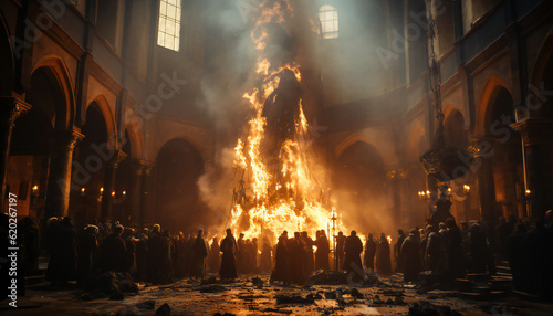 Tenebrist recreation of a big fire inside a big cathedral with people. Illustration AI photo