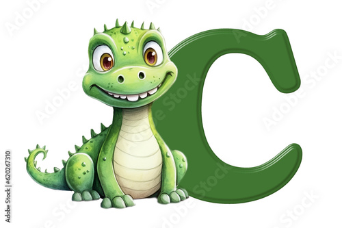 Uppercase letter C with cute crocodile illustration, animal alphabet isolated on transparent png background, creative font design for kids education in school, preschool and kindergarten. 
