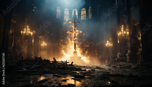 Tenebrist recreation of a big double cross burning inside a cathedral destroyed. Illustration AI photo