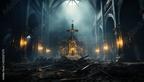 Fotografiet Recreation of interior of a cathedral in ruins with altar illuminated with a angelical cenital light