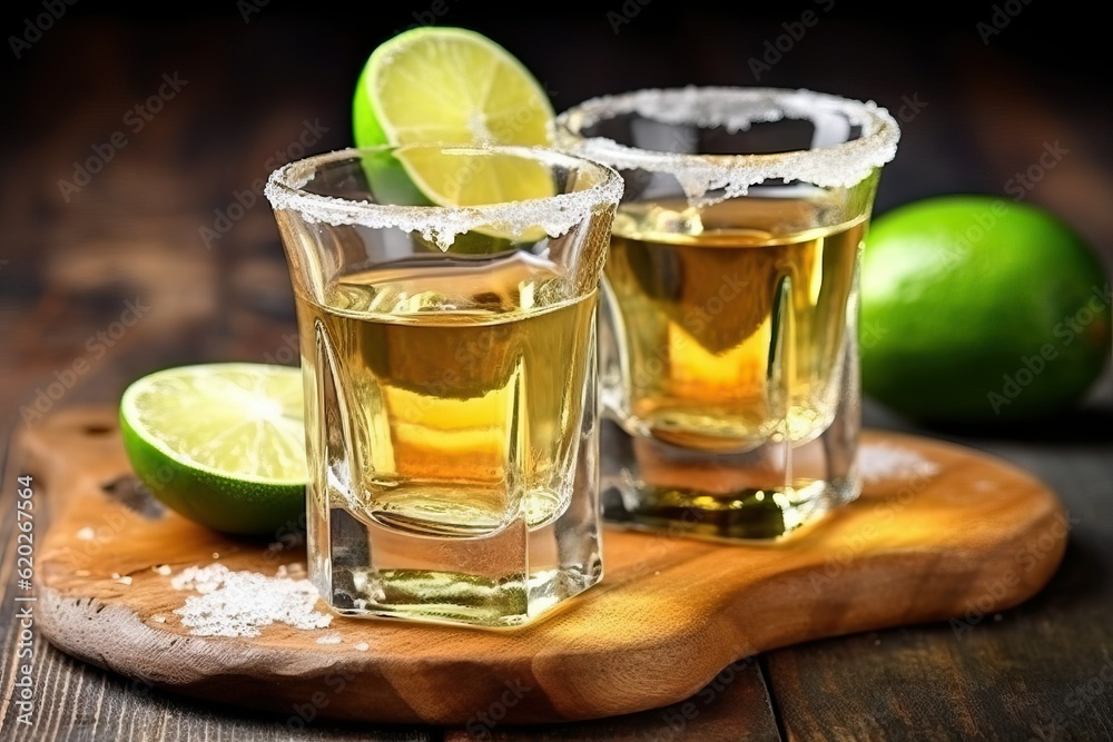 Tequila shot with salt and lime wedges (Ai generated) Tequila shot with salt and lime wedges (Ai generated)