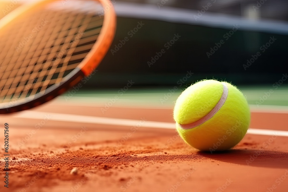 Tennis ball with racket on the tennis court (Ai generated)