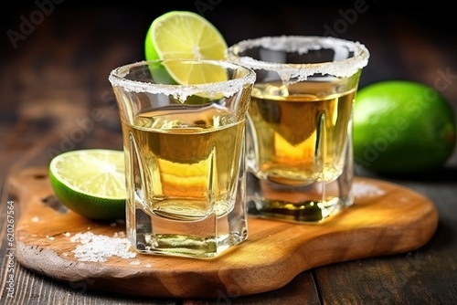 Tequila shot with salt and lime wedges (Ai generated)