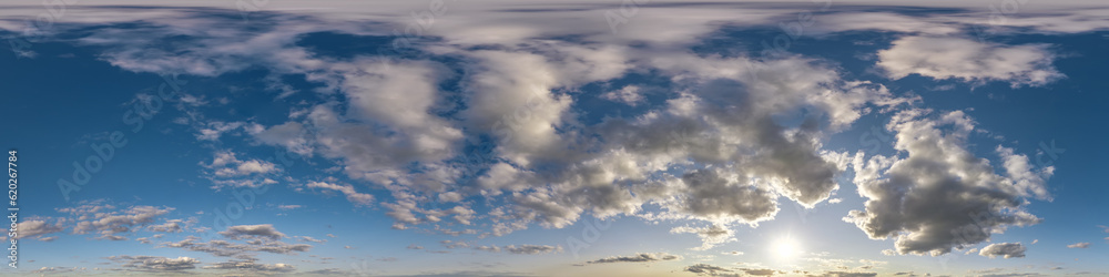 sunset skydome with evening clouds as seamless hdri 360 panorama view in spherical equirectangular format for use in 3d graphics or game development as sky dome replacement or edit drone shot