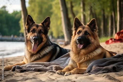 Dogs relaxing on a beach (Ai generated)