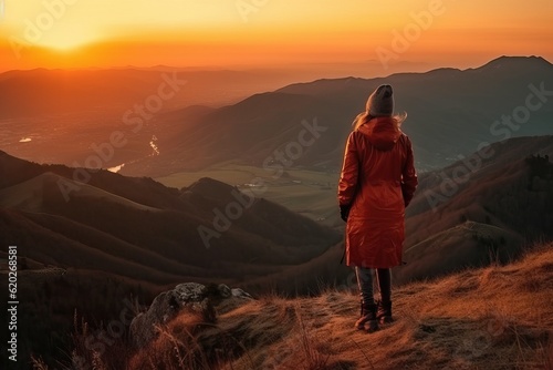 Woman traveler climbed into the sunset mountain landscape (Ai generated)