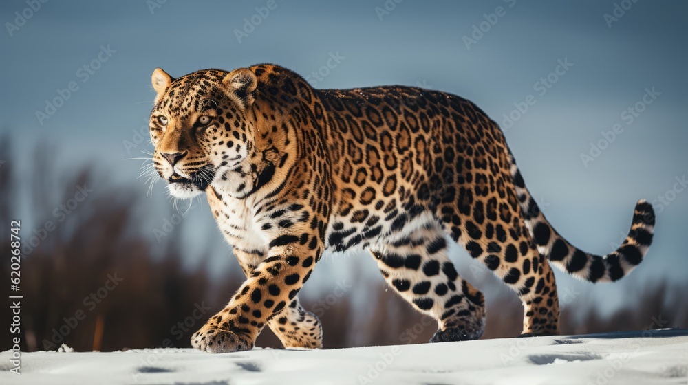 Obraz premium Amur leopard in nature in winter. Ai generated