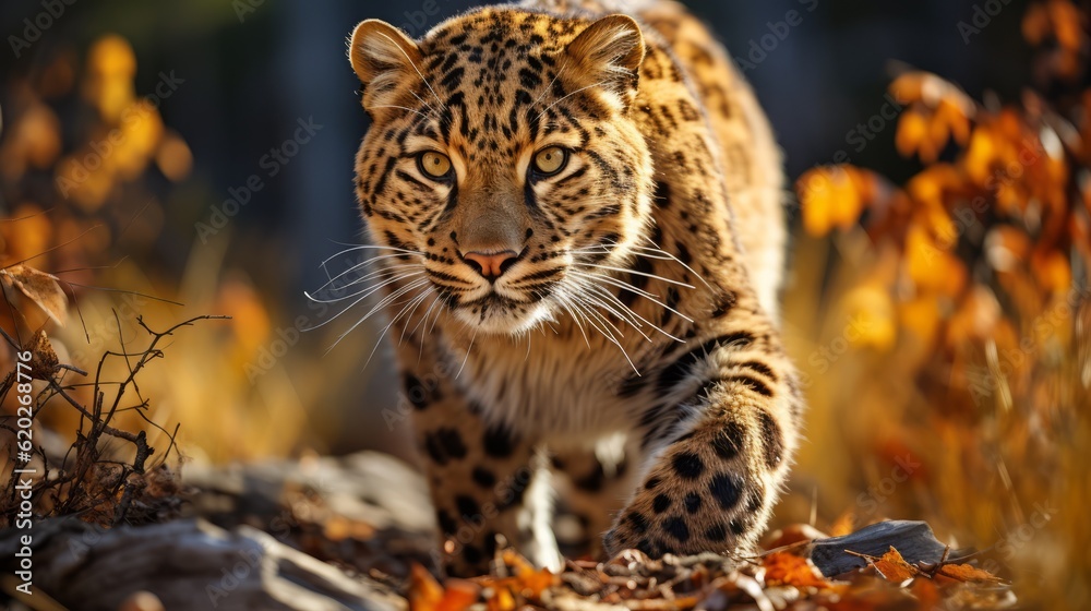 Obraz premium Amur leopard in natural habitat. Wild animal. Ai generated