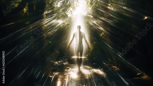 Human soul levitates in the abstract space surrounded by light and energy. Portal to another world. Afterlife  immortality spirituality concept. Spirit travelling through time.