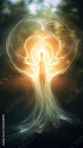 Human soul levitates in the abstract space surrounded by light and energy. Portal to another world. Afterlife, immortality spirituality concept. Spirit travelling through time.