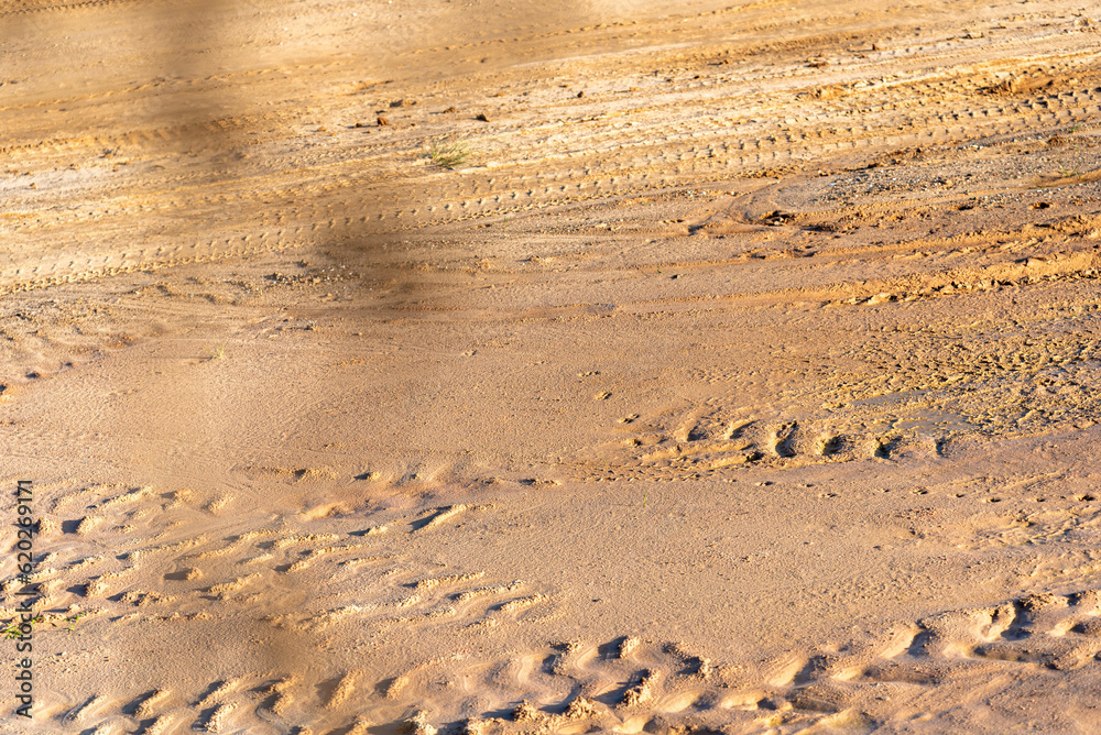 Vehicle tire tracks on the dirt road Vehicle tire tracks on the dirt road