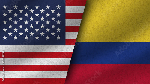 Colombia and USA Realistic Two Flags Together, 3D Illustration