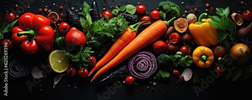Composition with variety of colorful fresh organic vegetables. Healty food background. Balanced diet.