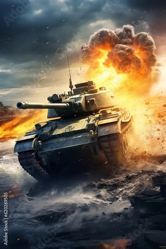 illustration, war tank in battle, ai generative