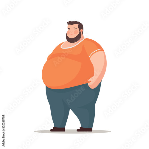 Fat man stands isolated on white background. Overweight man in cartoon style. Vector stock