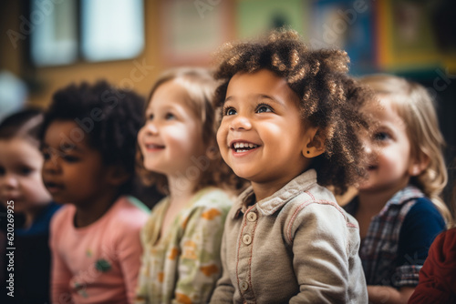 Fotografiet Mixed race group of toddlers, sitting in classroom and looking in awe at their teacher