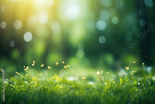 Spring nature background. Green grass flowers field with bokeh. Generative AI