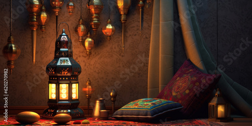 Ramadan festival lantern and props on the floor background. Culture and religion concept. Digital art illustration © MUS_GRAPHIC