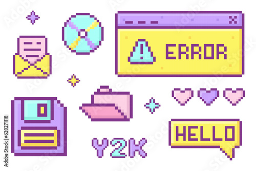 y2k pixel trendy set of objects, old computer interface, retro pc elements, 1990s 2000s style, pixel art, cd disk, floppy disk, folder, heart, nostalgia, vector illustration
