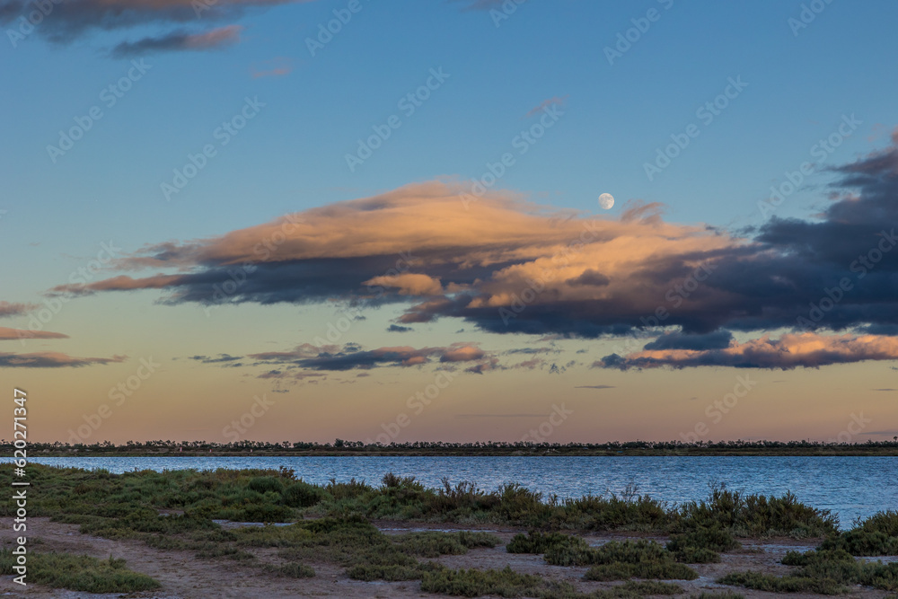 Lever de pleine lune au coucher du soleil sur le Bois des Aresquiers et l'Etang d'Ingril