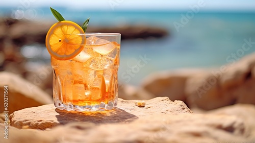 illustration, refreshing citrus cocktail on the beach, ai generative